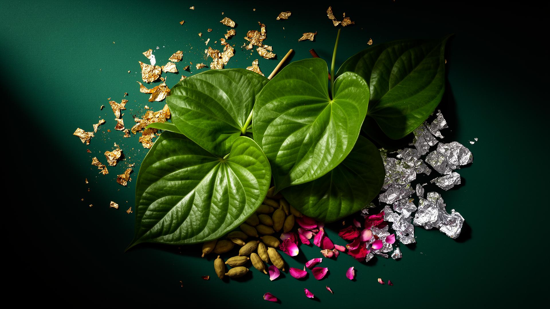 Fresh betel paan leaves with gold leaf and rose petals on a deep emerald background